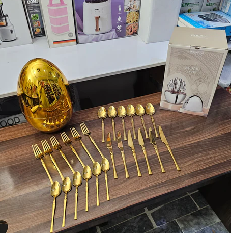 Imported Egg Shaped Gold Polish Tableware Cutlery Set - 24 Pieces