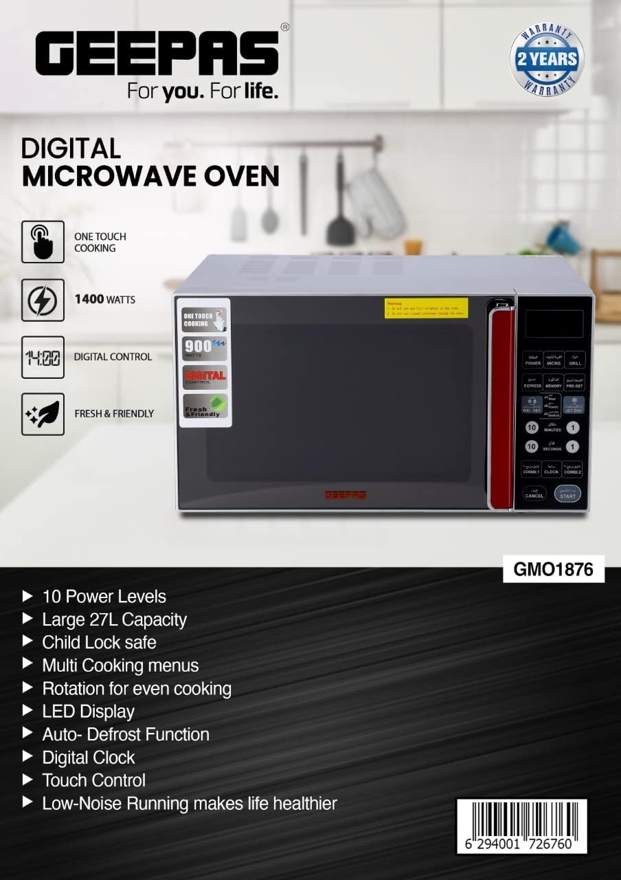 Geepas GMO1876 27L Digital Microwave Oven - 900W Microwave Oven | Reheating & Defrost Function