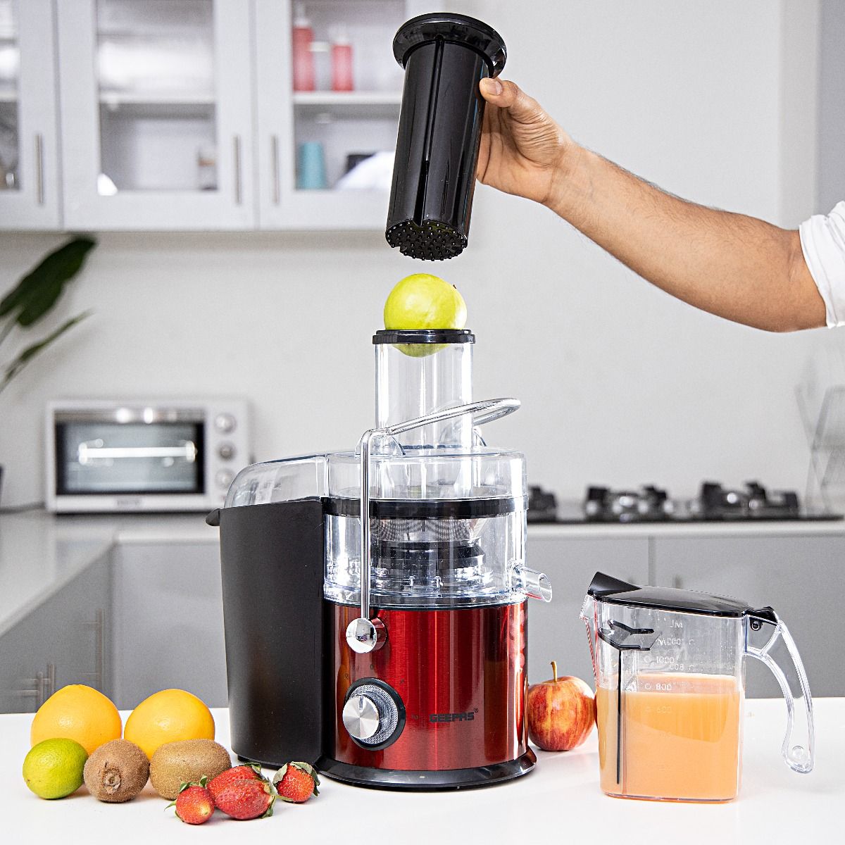 Geepas GJE5437 Centrifugal Juicer | 800W Juicer Machine | Juice Extractor With 75MM Wide Mouth For Whole Fruit And Vegetable | 2 Speed, Stainless Steel Body, Non-Slip Feet | 2 Year Warranty