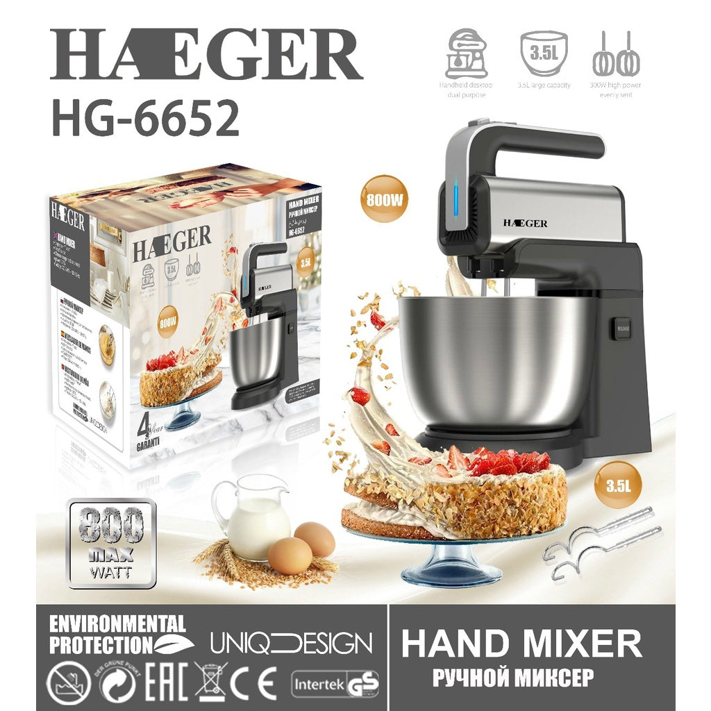 Electric mixer with bowl Haeger HG-6652, 800 W (silver-black)