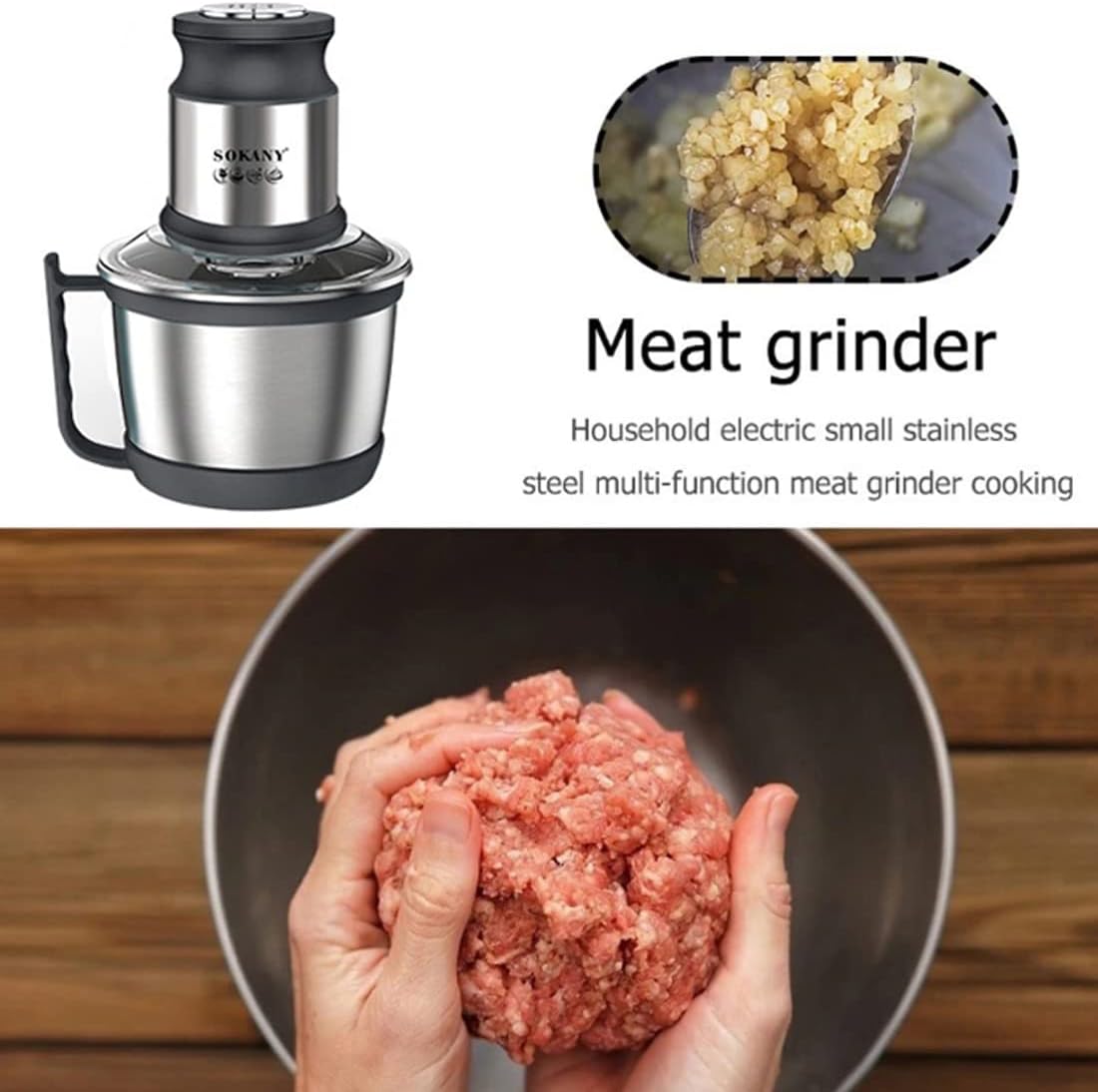 SOKANY 800W Meat Grinder Electric, electric meat grinder 3L Stainless Steel Meat Blender Food Chopper for Meat, Vegetables, Fruits and Nuts with 4 Sharp Blades. (SK-7027, 800W, 3L)