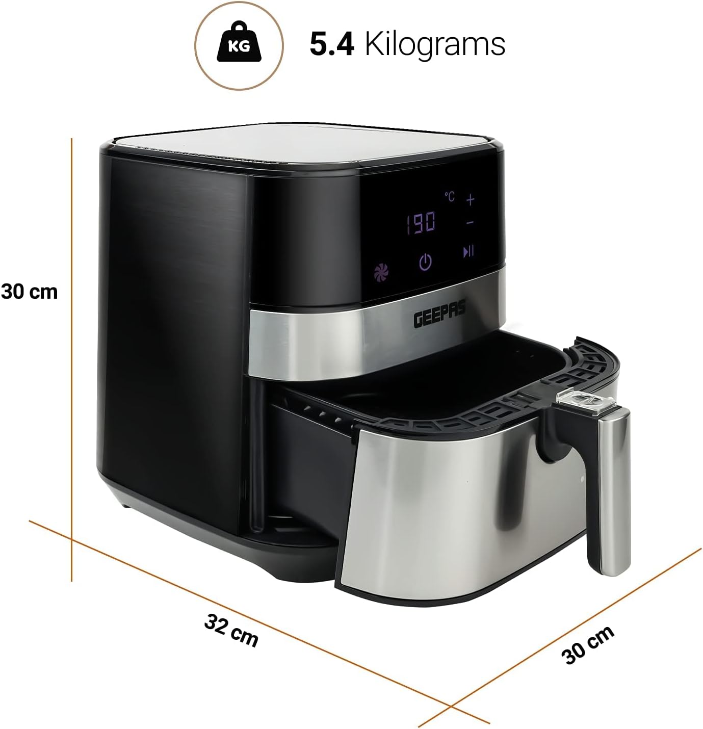 Geepas GAF37510 Electric Air Fryer 5 Liter Digital Touch Screen & Preheat, 60 Minute Timer, Led Display, Auto Shut Off