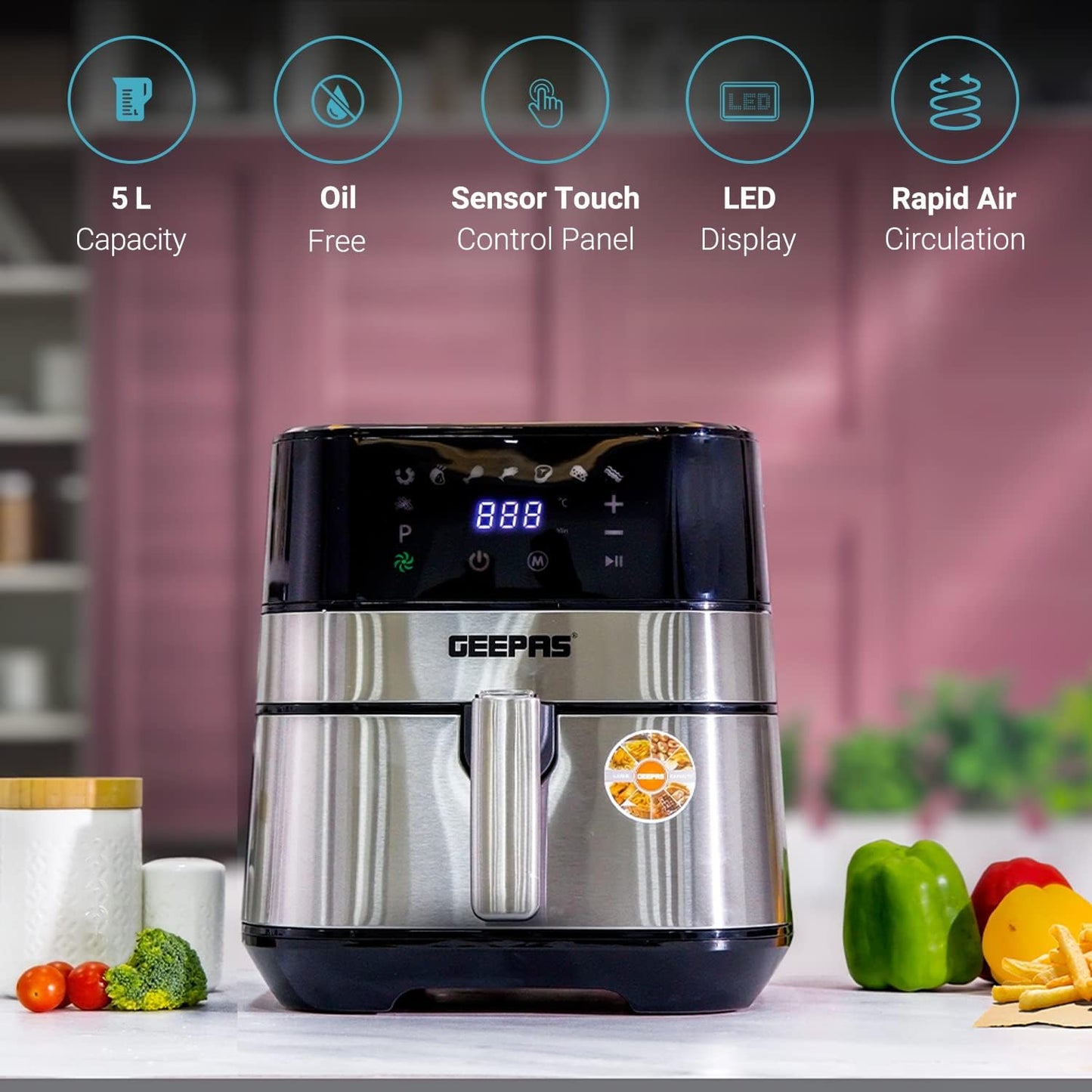 Geepas GAF37510 Electric Air Fryer 5 Liter Digital Touch Screen & Preheat, 60 Minute Timer, Led Display, Auto Shut Off