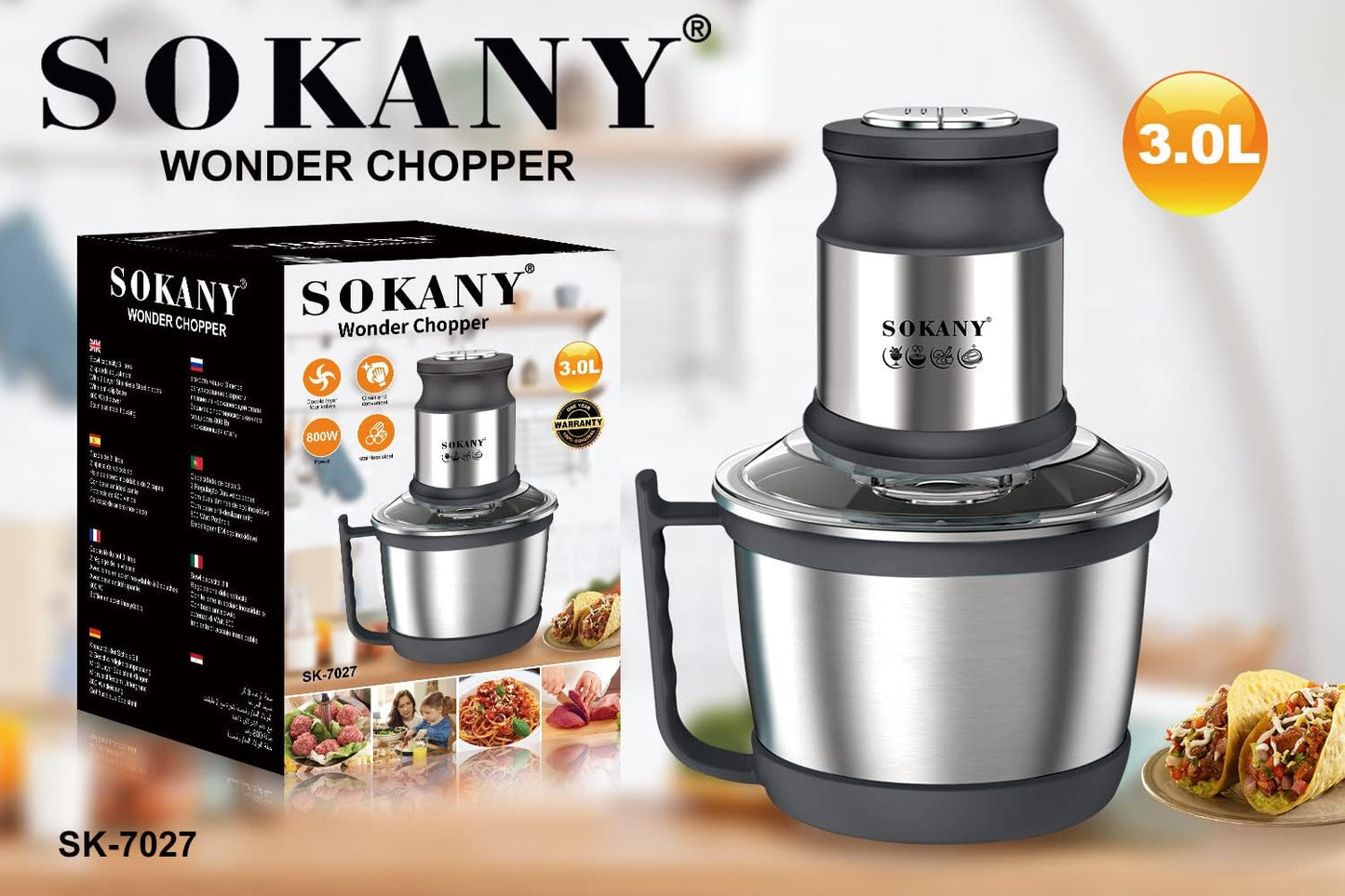 SOKANY 800W Meat Grinder Electric, electric meat grinder 3L Stainless Steel Meat Blender Food Chopper for Meat, Vegetables, Fruits and Nuts with 4 Sharp Blades. (SK-7027, 800W, 3L)