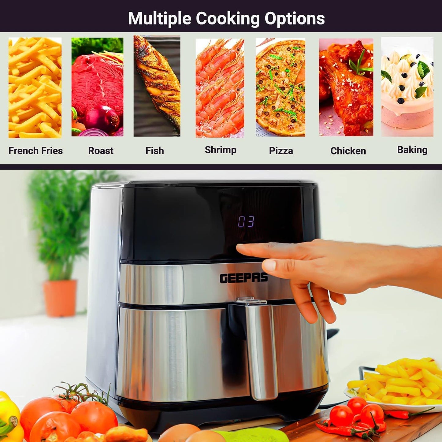 Geepas GAF37510 Electric Air Fryer 5 Liter Digital Touch Screen & Preheat, 60 Minute Timer, Led Display, Auto Shut Off