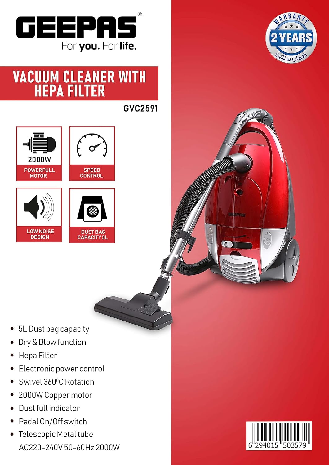 Geepas GVC2591 2000W Vacuum Cleaner Hepa Filter, 5L dust bag - Powerful Copper Motor, Dust Full Indicator Dry & Metal Tube