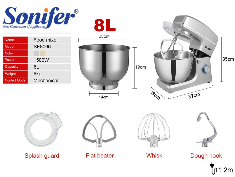 SF-8066 Stand Mixer 8L 1500W Pure Copper Motor Electric Food Beater Egg Whisk Dough Hook