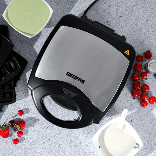 Geepas GSM36528 4 Slice Sandwich Maker 6 in 1 ( Waffle Maker, Donut Maker, Grill, Nuts Maker, Biscuit Maker, Sandwich Maker )