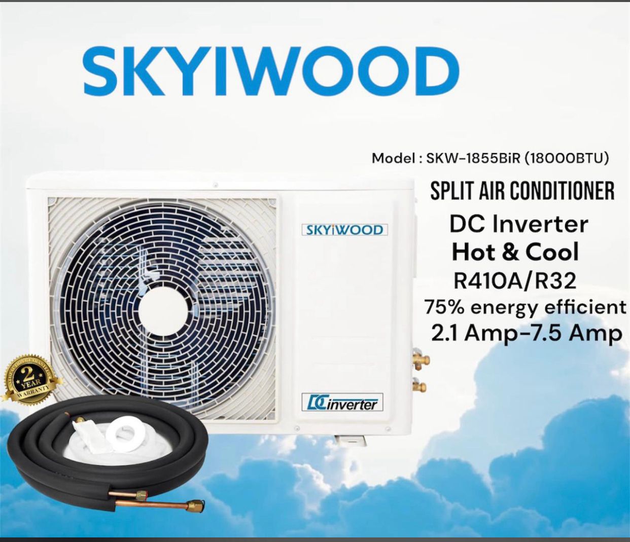 Imported 1.5 Ton Split AC, Heat & Cool Energy Saver DC Inverter ( Skyiwood SKW-1855IBR )