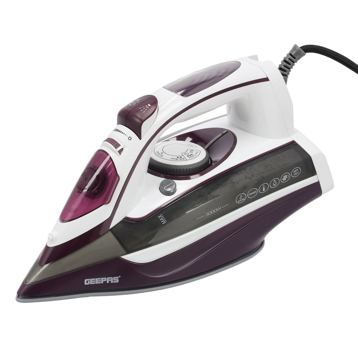 Ceramic Steam Iron, Temperature Control, GSI24025 - Ceramic Sole Plate, Wet And Dry, Self-Cleaning Function, 3000W, Powerful Steam Burst, 400ml Water Tank