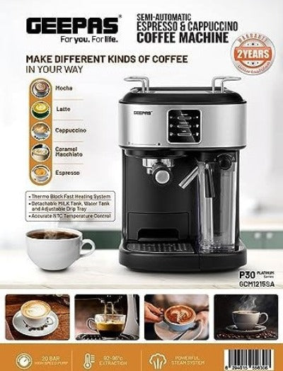GEEPAS Espresso and Cappuccino Coffee Machine, Equipped with 20 Bar High Pressure Pump and Powerful Steam System 1.5 L 1250 W GCM1215SA
