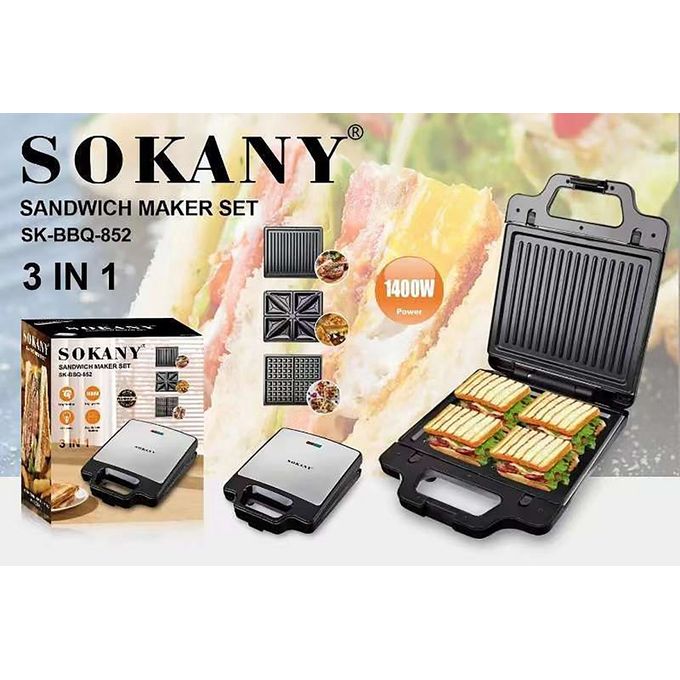 Sokany 4 Slicer Multifunctional 3 in 1 Sandwich Maker, Griller & Waffle Maker SK-BBQ-852