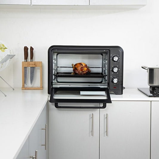 Geepas 42 L Electric Oven- G04450| Convection and Rotisserie Function, Perfect for Grilling, Toasting and Roasting| 3 Knobs and Temperature 100-230-Degrees Celsius| 60 Minute Timer with Bell| 2000W and 4 Piece Stainless Steel Heaters