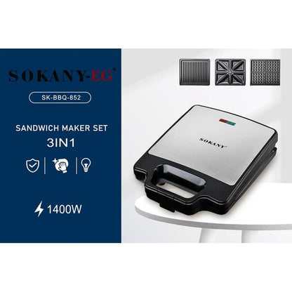 Sokany 4 Slicer Multifunctional 3 in 1 Sandwich Maker, Griller & Waffle Maker SK-BBQ-852