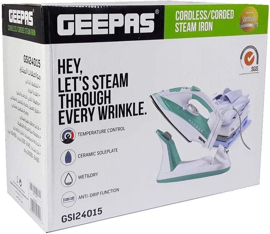 Geepas Cordless/Corded Steam Iron- GSI24015| Wet and Dry Steam Iron Box Handy Design with Powerful Burst Steam, Anti-Drip Function