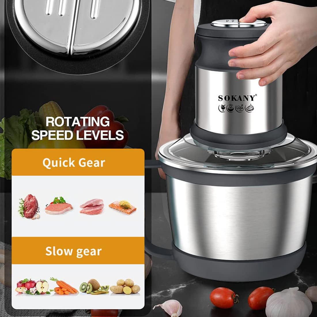 SOKANY 800W Meat Grinder Electric, electric meat grinder 3L Stainless Steel Meat Blender Food Chopper for Meat, Vegetables, Fruits and Nuts with 4 Sharp Blades. (SK-7027, 800W, 3L)