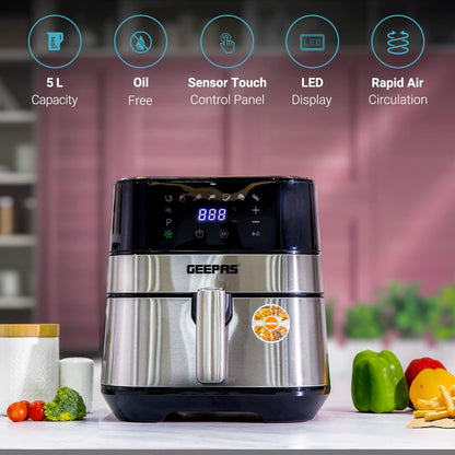 Geepas GAF37510 Electric Air Fryer 5 Liter Digital Touch Screen & Preheat, 60 Minute Timer, Led Display, Auto Shut Off