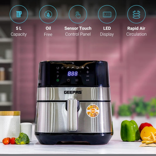 Geepas GAF37510 Electric Air Fryer 5 Liter Digital Touch Screen & Preheat, 60 Minute Timer, Led Display, Auto Shut Off