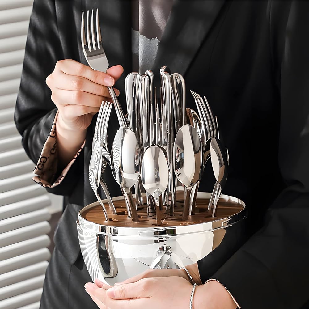 Imported Egg Shaped Silver Mirror Polish Tableware Cutlery Set - 24 Pieces