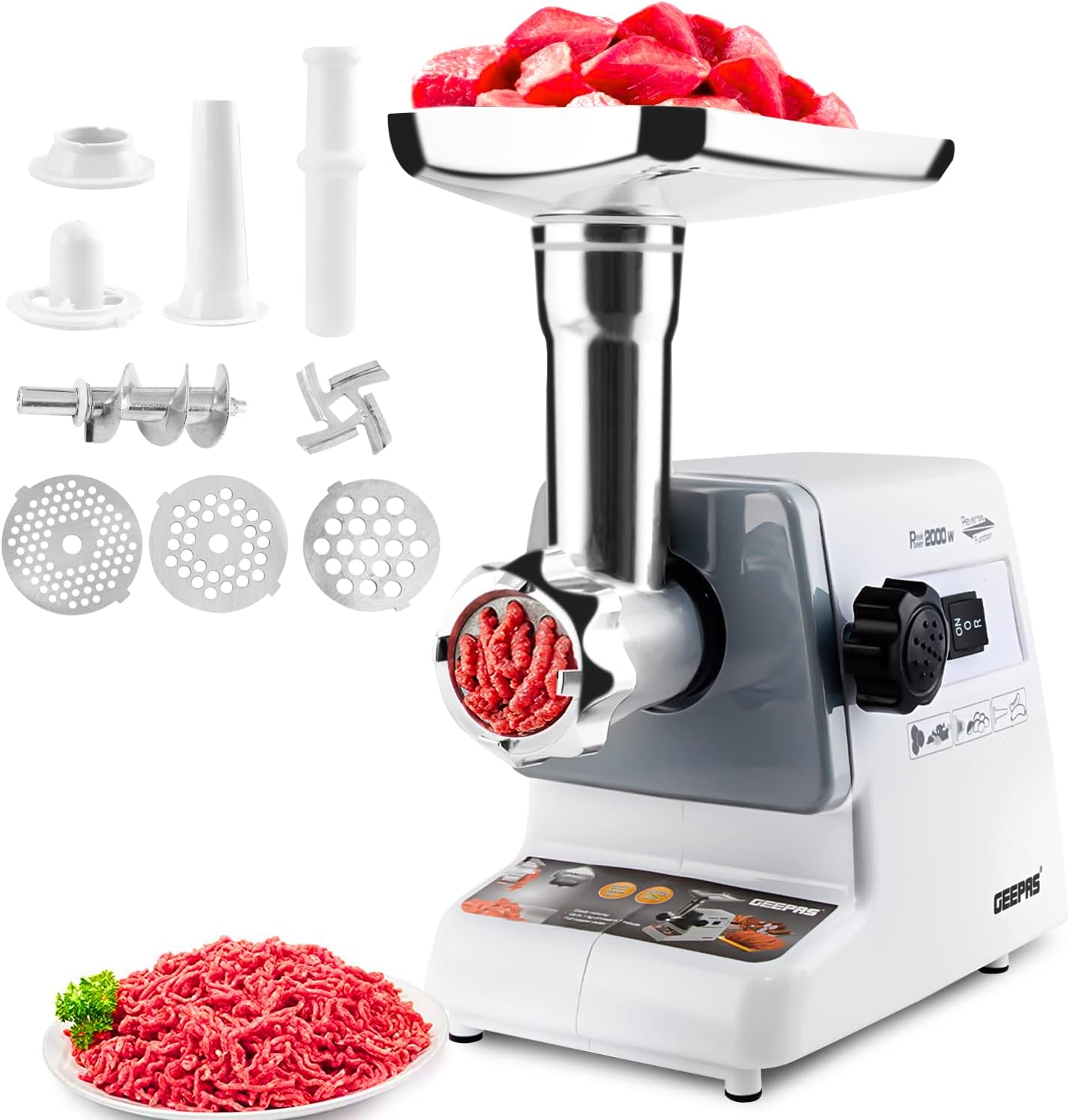 Geepas 2000W Electric Meat Grinder - Reverse Function Aluminum Gearbox Metal Gears, 2 Years Warranty GMG767