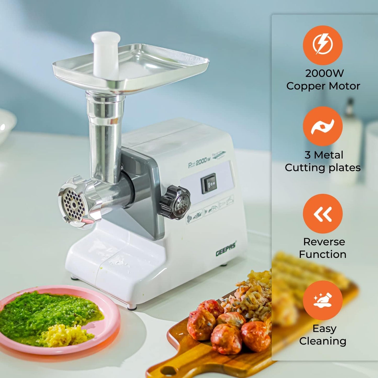 Geepas 2000W Electric Meat Grinder - Reverse Function Aluminum Gearbox Metal Gears, 2 Years Warranty GMG767