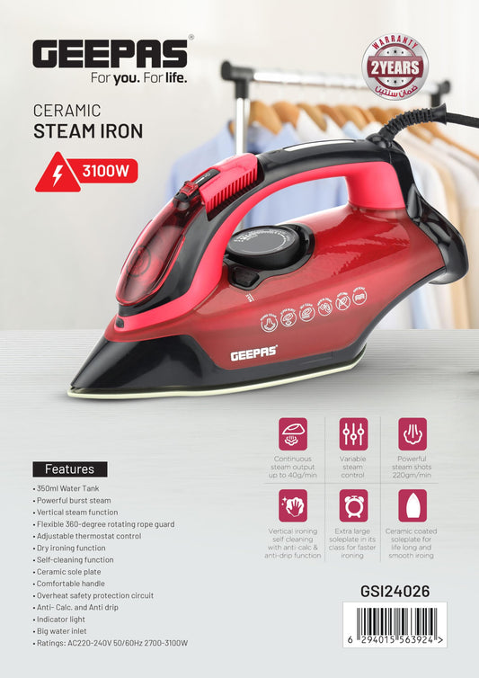 Geepas GSI24026 Ceramic Steam Iron Wet & Dry 350 ml 3100W  Red /Black