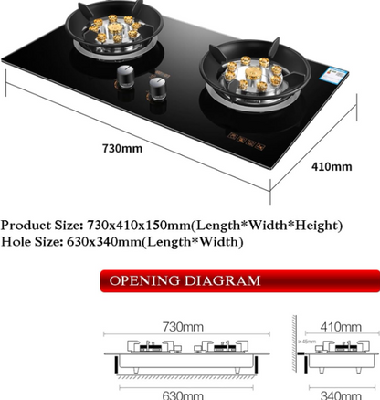 Imported Gas Stove 2 Burner, 5.2KW 8 Chamber High Heat, Black Tempered Glass Cast Iron Pot Rack