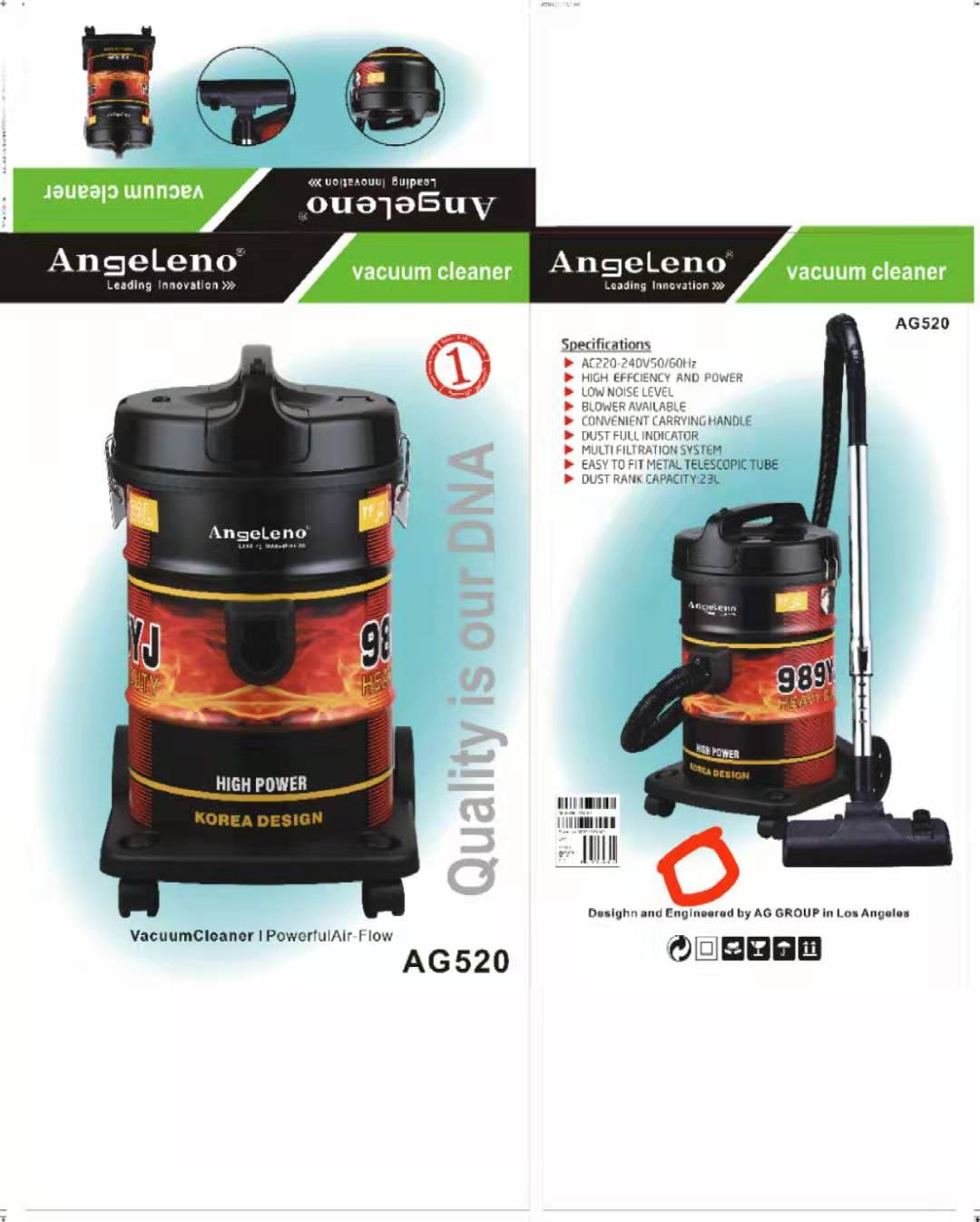 Angeleno AG 989YJ Drum Vacuum Cleaner High Power Korea Design 23 Liter