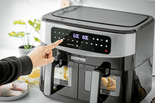 Geepas 9 L Dual Basket Digital Air Fryer- GAF37525UK| Equipped With VORTEX Air Frying Technology, Oil Free Cooking| LED Display With Touch Screen